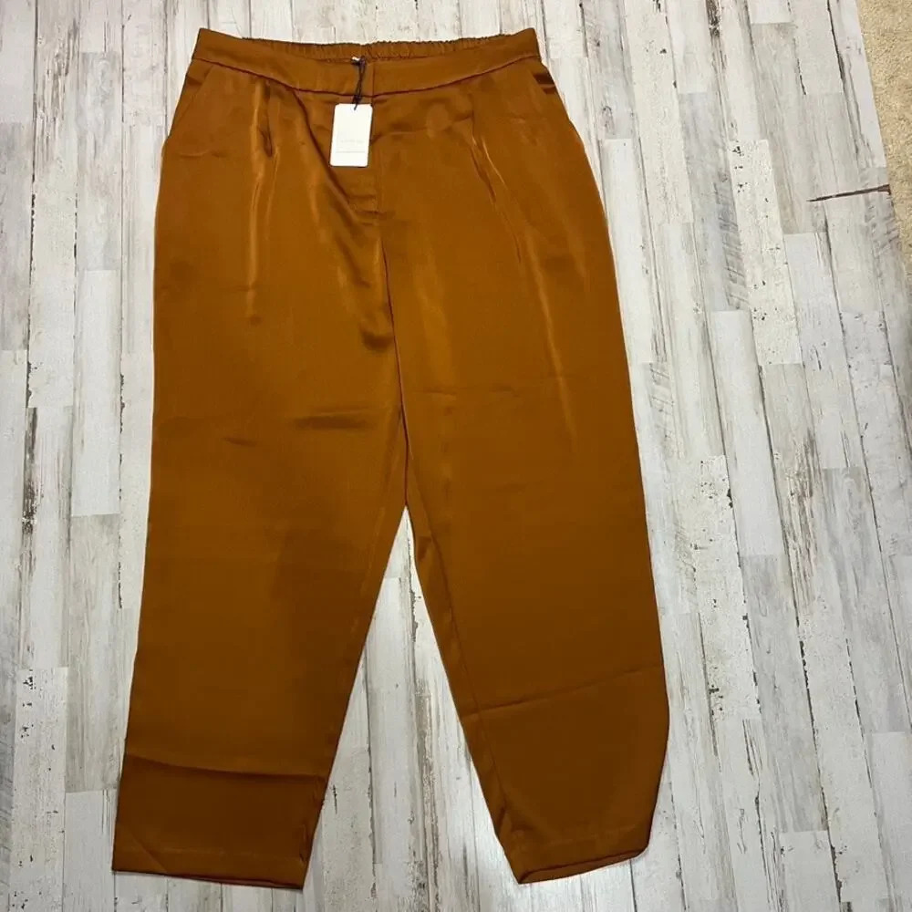 Skies Are Blue Rust Brown High-Waist Satin Trousers